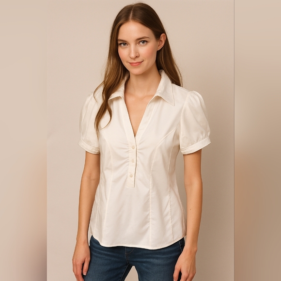 Tops - Women's Cream Puff-Sleeve Polo Blouse